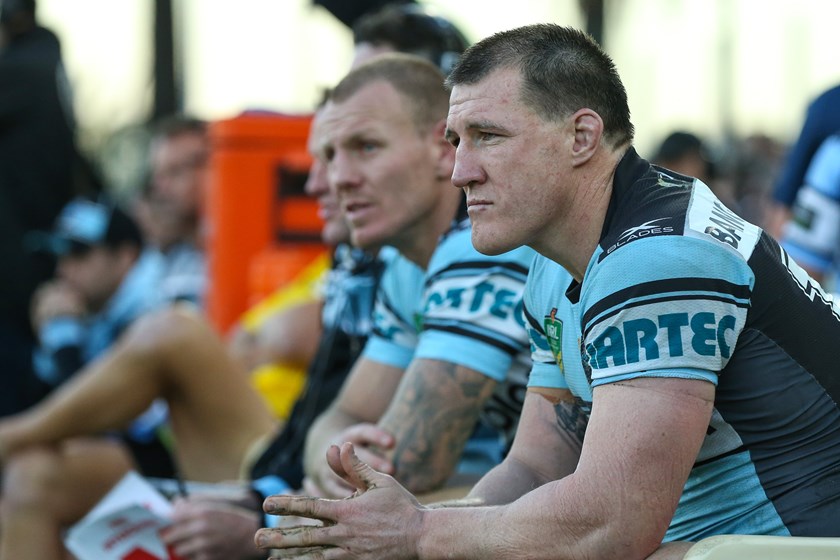 Paul Gallen and Luke Lewis on the Sharks bench.