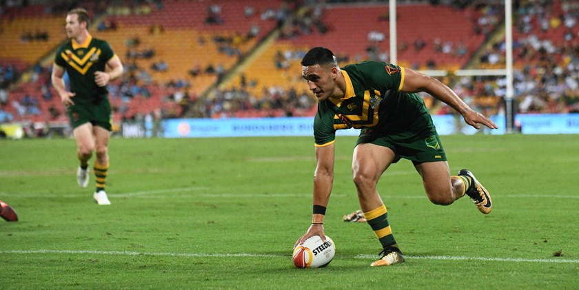 Valentine Holmes scores for Australia at the 2018 World Cup.