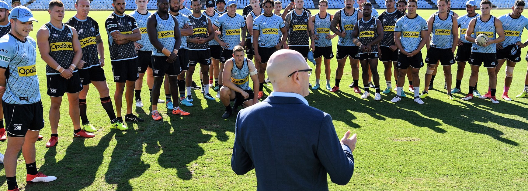 New Sharks CEO Barry Russell addresses Cronulla players.