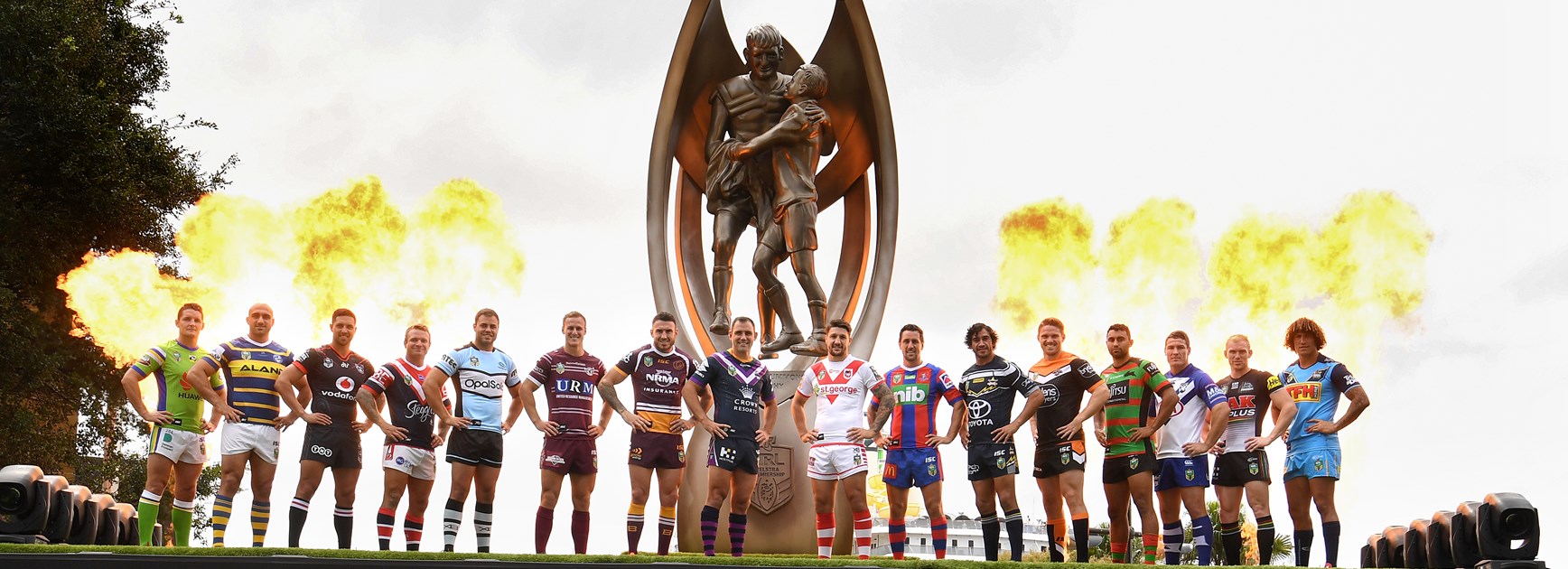 Representatives of all 16 clubs at the 2018 NRL season launch.
