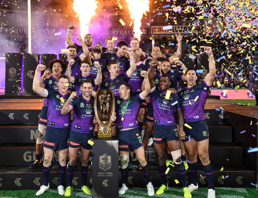The Storm celebrate winning the 2017 premiership.