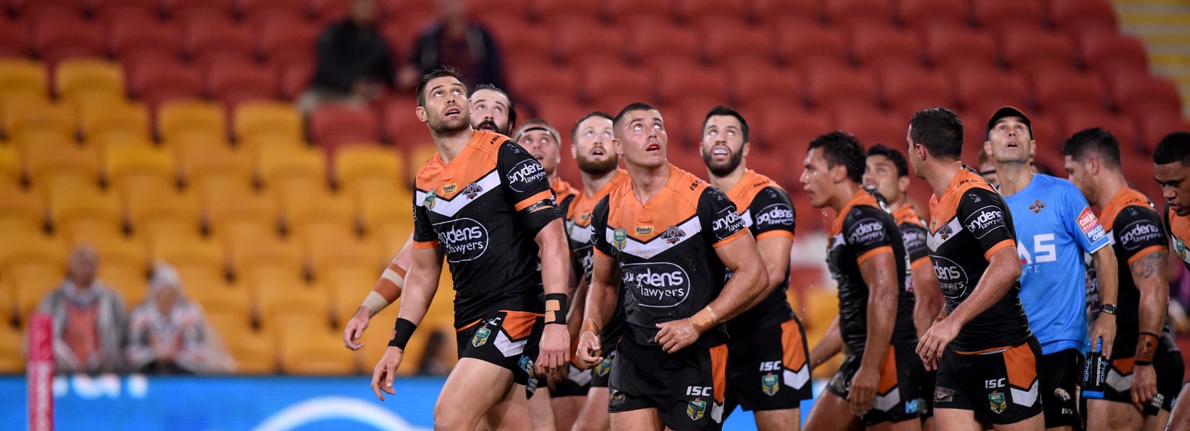 The Wests Tigers in a familiar pose last season.
