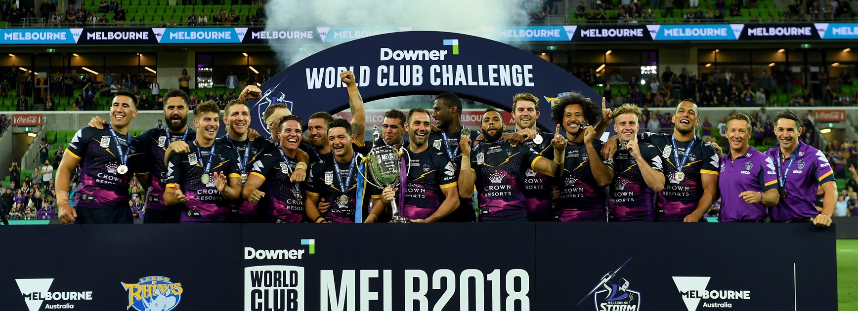The Melbourne Storm celebrate their World Club Challenge win.