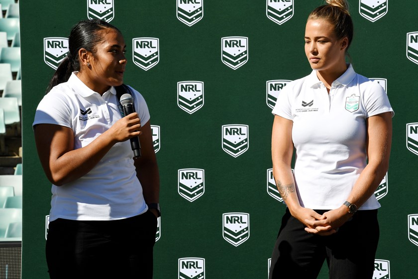 Australian Jillaroos duo Simaima Taufa and Isabelle Kelly at the Women's premiership launch.