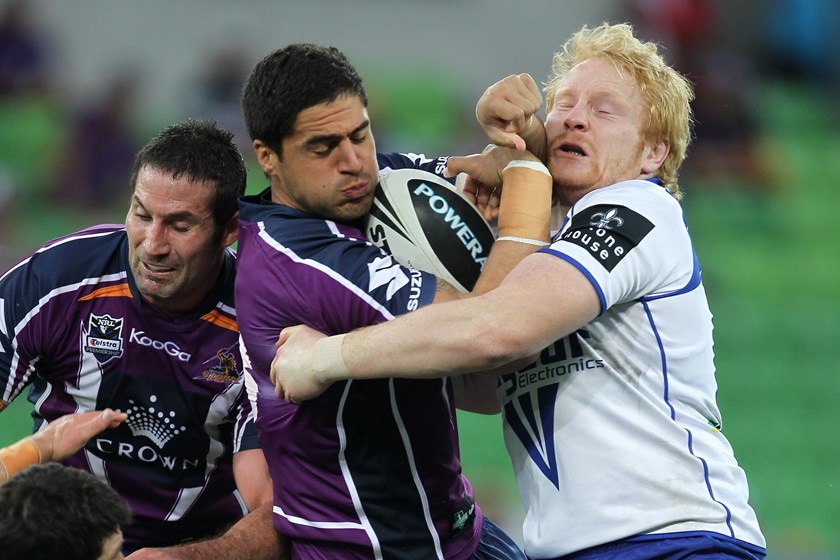 Jesse Bromwich collides with James Graham.