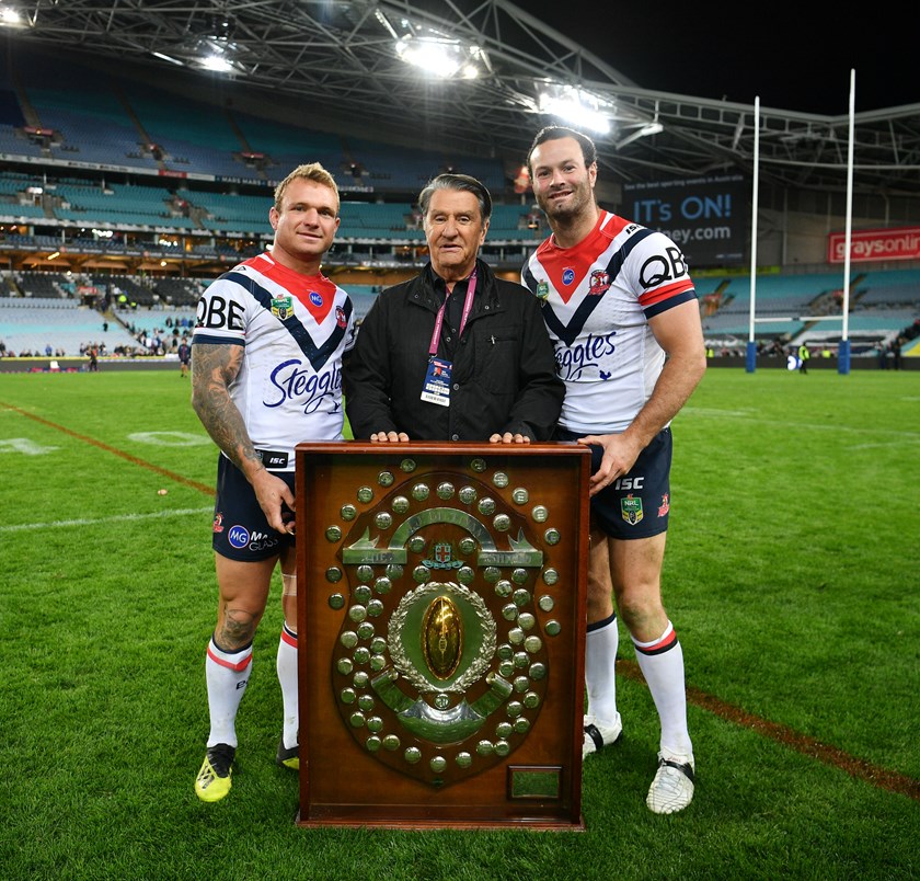 Nick Politis with Roosters co-captains Jake Friend and Boyd Cordner and the 2018 JJ Giltinan Shield.