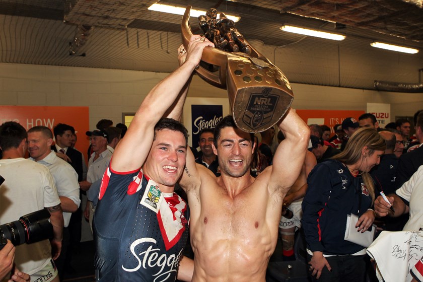 Daniel Mortimer and Anthony Minichiello after the 2013 grand final.