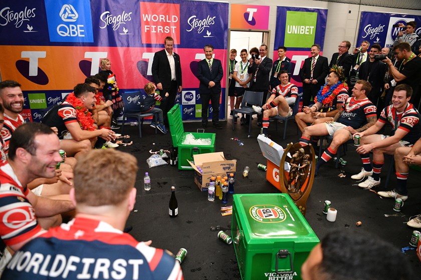 Nick Politis and coach Trent Robinson address the Roosters after winning the 2018 grand final.