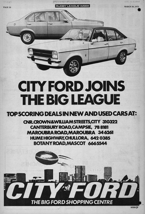City Ford announces its arrival in the big league via Rugby League Week in 1976.