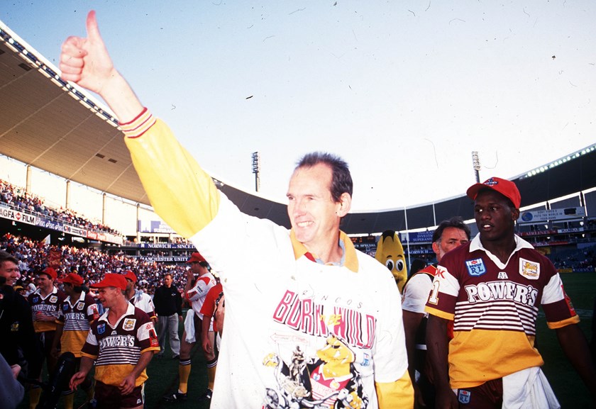 Wayne Bennett with Wendell Sailor after Brisbane's 1993 grand final win.