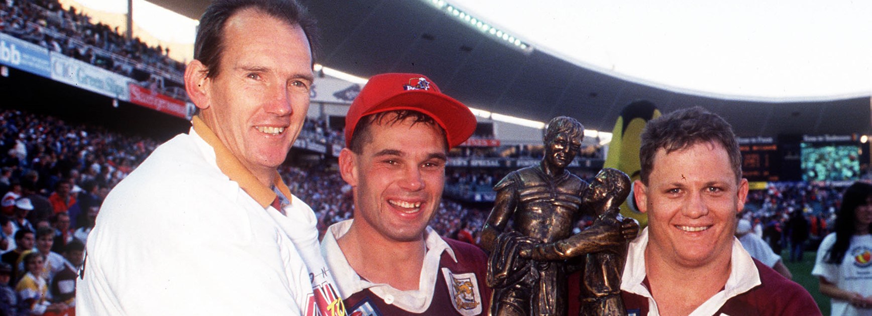 Wayne Bennett, Chris Johns and Kevin Walters after the 1993 grand final.