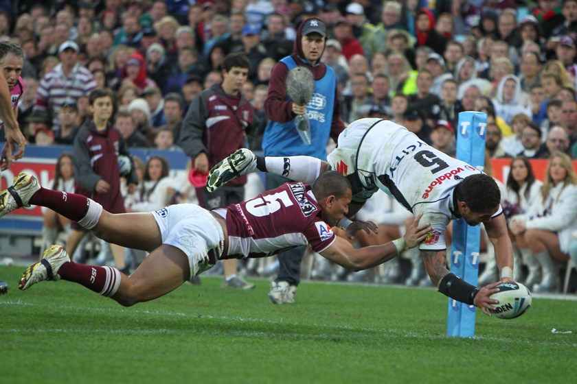 Manu Vatuvei leaps for the try line.