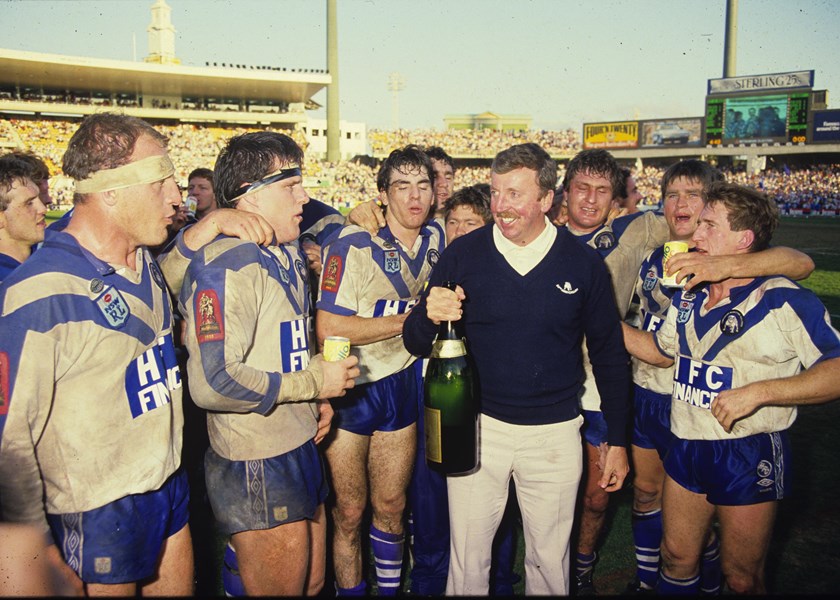 Bulldogs coach Warren Ryan and his players celebrate their 1985 grand final win.