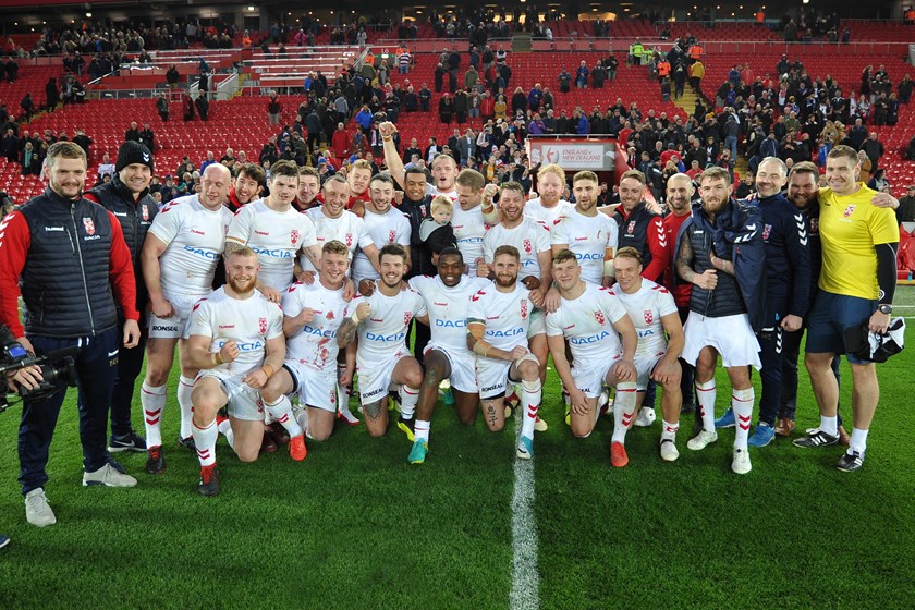 England celebrate their series win at Anfield.