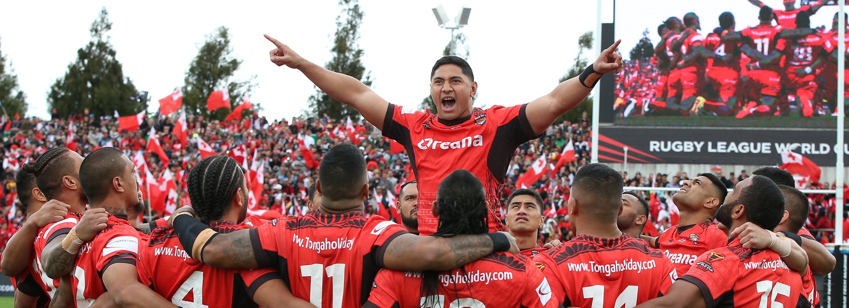The Tongan team at the 2017 Rugby League World Cup.