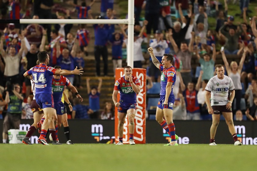 Mitchell Pearce after securing a win for the Knights.