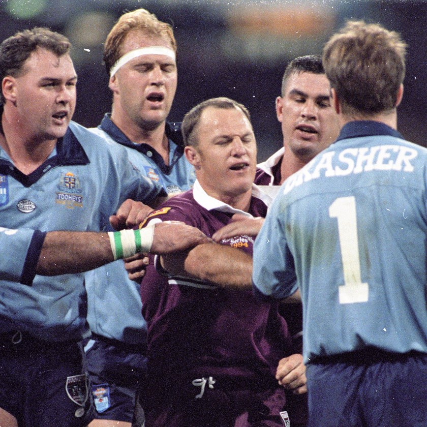 Tim Brasher confronts Kerrod Walters at the MCG in 1994.