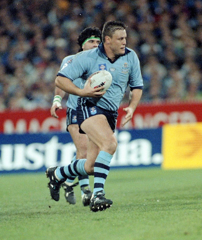 Blues prop Glenn Lazarus on the charge in 1994.