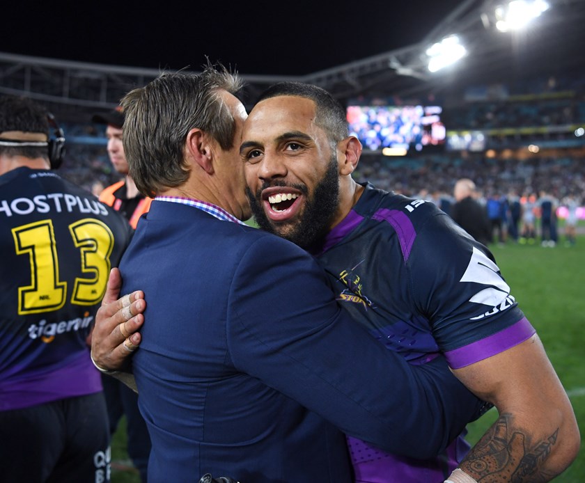 Josh Addo-Carr with Storm coach Craig Bellamy after they beat North Queensland to win the 2017 grand final.