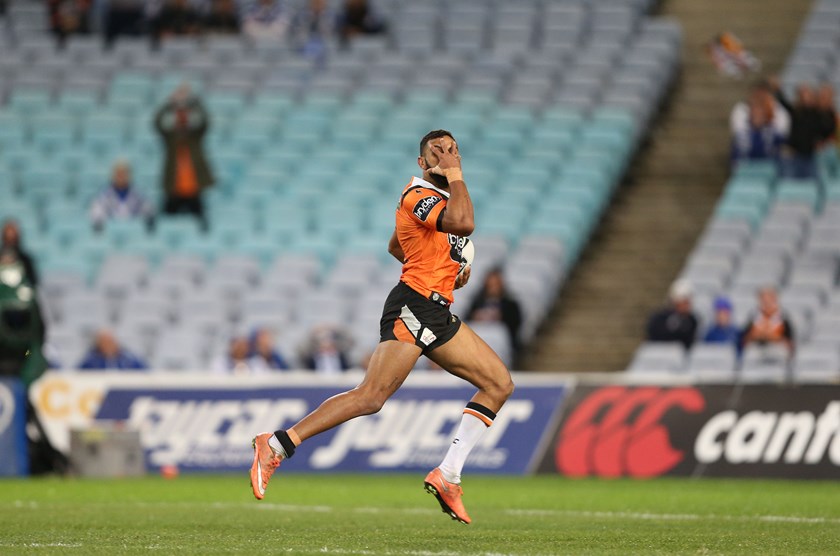 Josh Addo-Carr's controversial try celebration during his Wests Tigers stint.