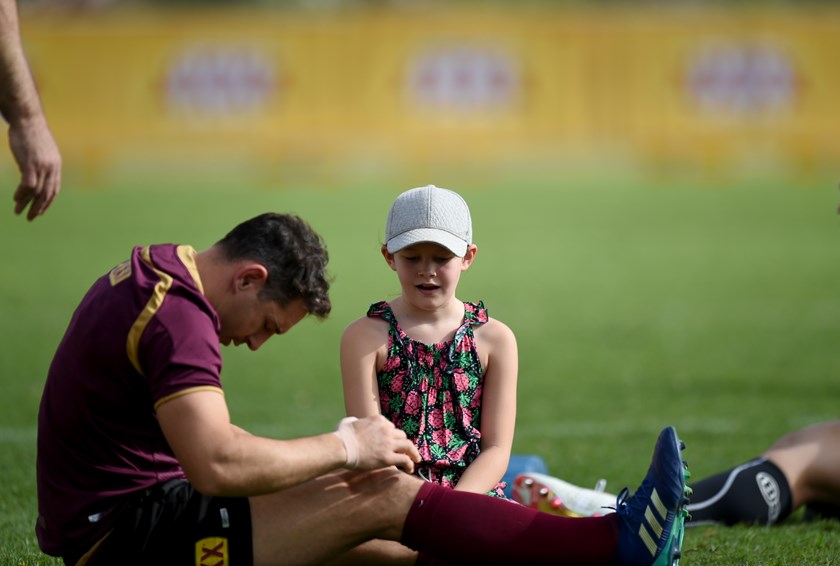 Billy Slater and daughter Tyla at Maroons training.