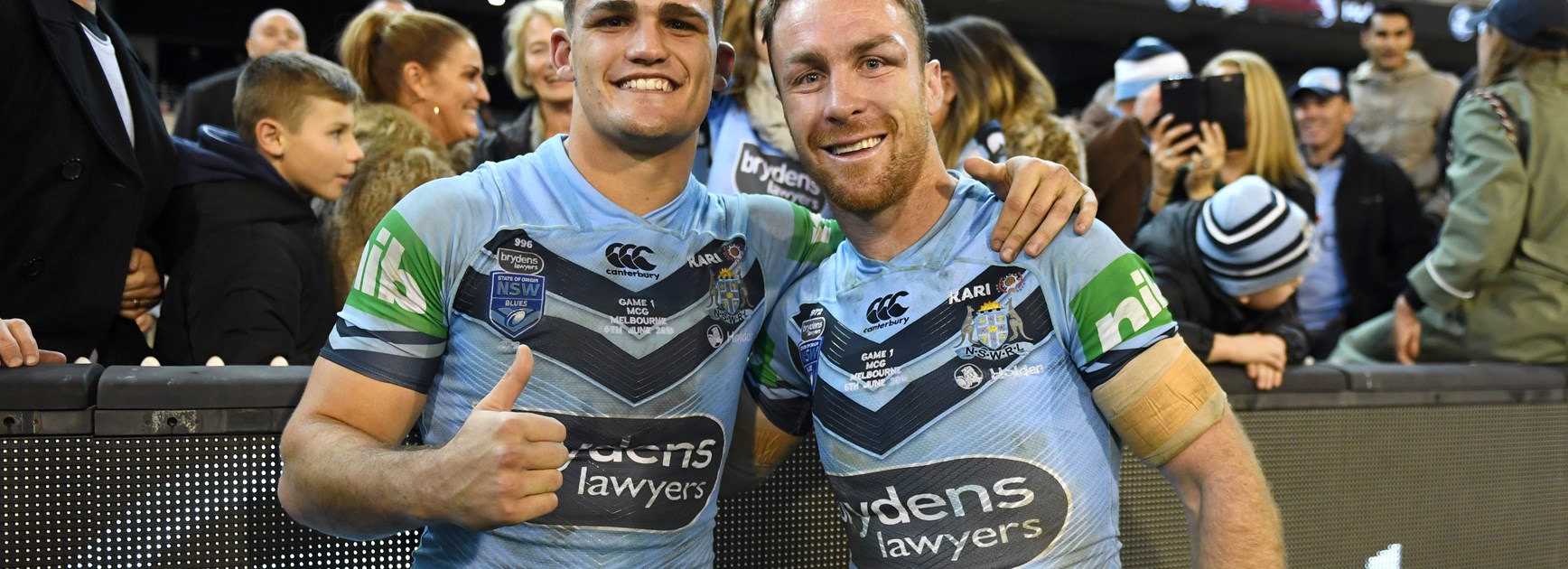 Blues halves Nathan Cleary and James Maloney.