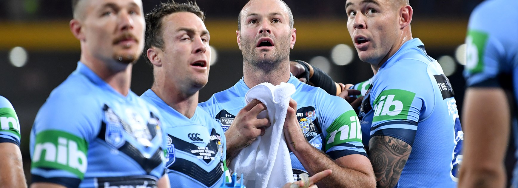 The Blues await a video referee decision in Origin III.