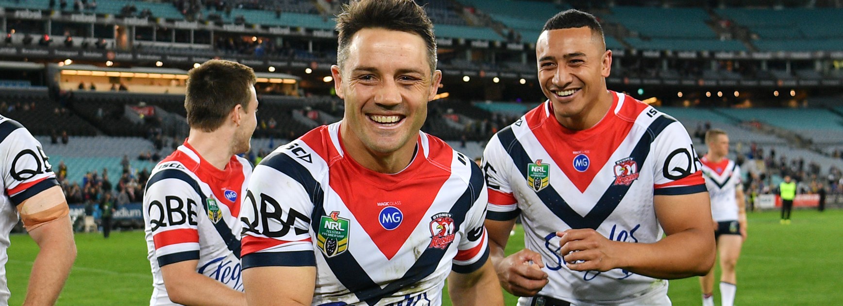 Cooper Cronk and Siosiua Taukeiaho after a win.