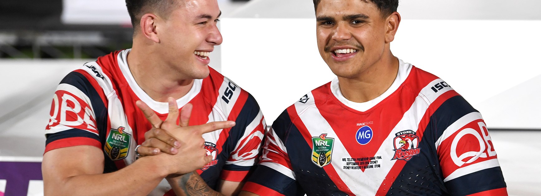 Roosters centres Joseph Manu and Latrell Mitchell.