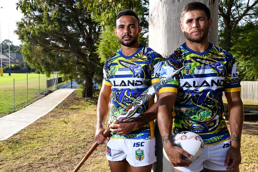 Bevan French (left) and Will Smith model Parramatta's Indigenous jerseys.