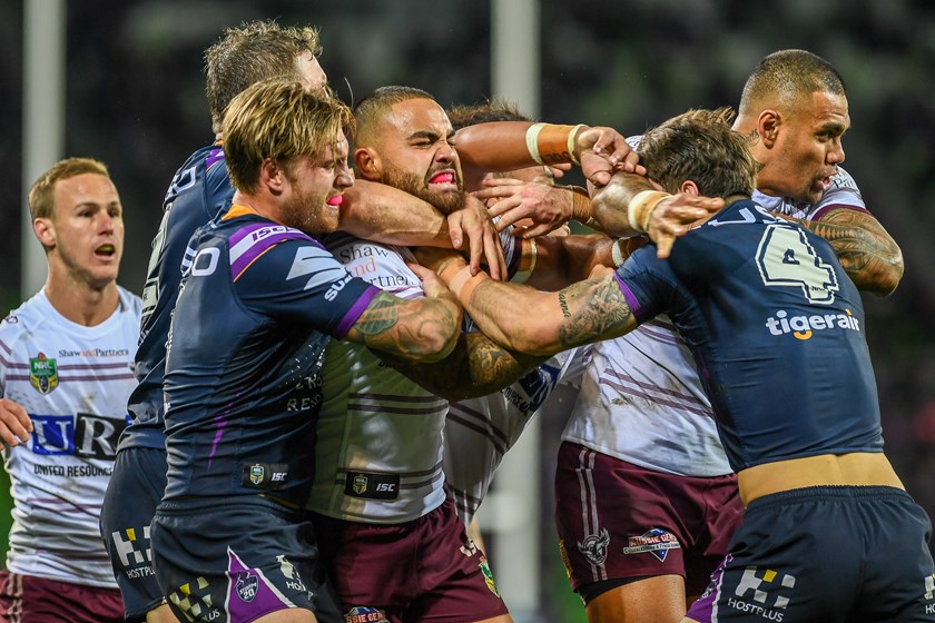Storm and Sea Eagles players on Saturday night.