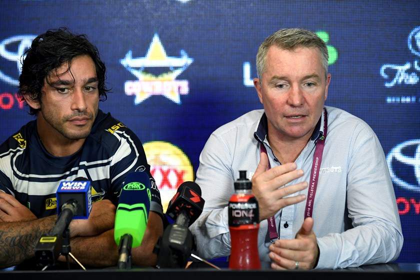 Cowboys captain Johnathan Thurston and coach Paul Green address the media after the loss to the Dragons.