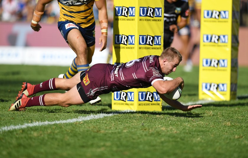 Manly five-eighth Lachlan Croker scores against the Eels.