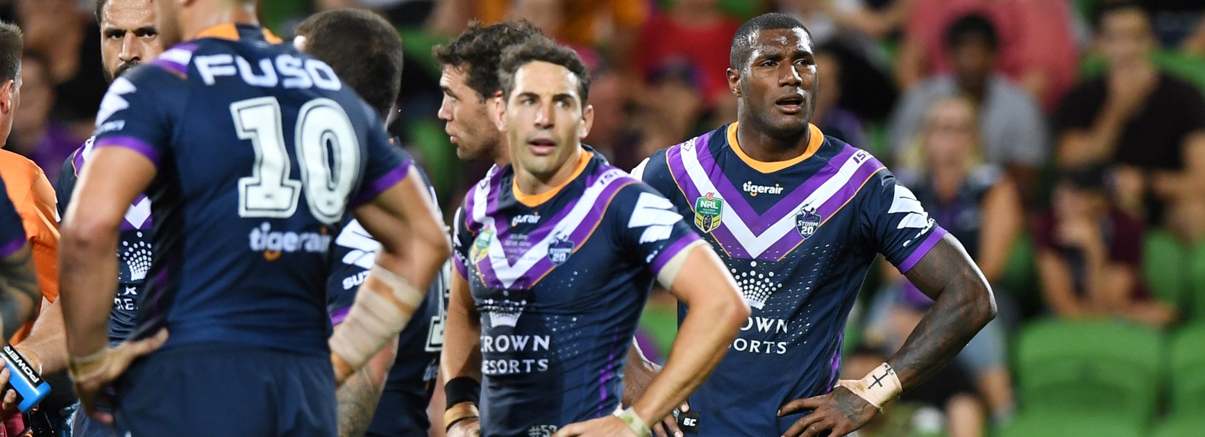 The Melbourne Storm during their round two loss to the Wests Tigers.