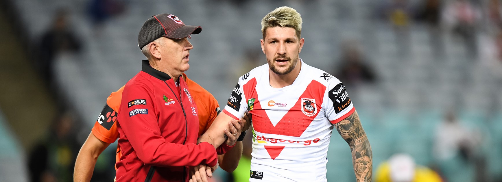 Dragons five-eighth Gareth Widdop is taken off with a shoulder dislocation.