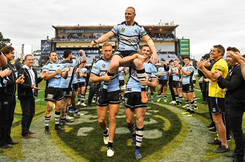 Luke Lewis is chaired off Shark Park after his last home game for Cronulla.
