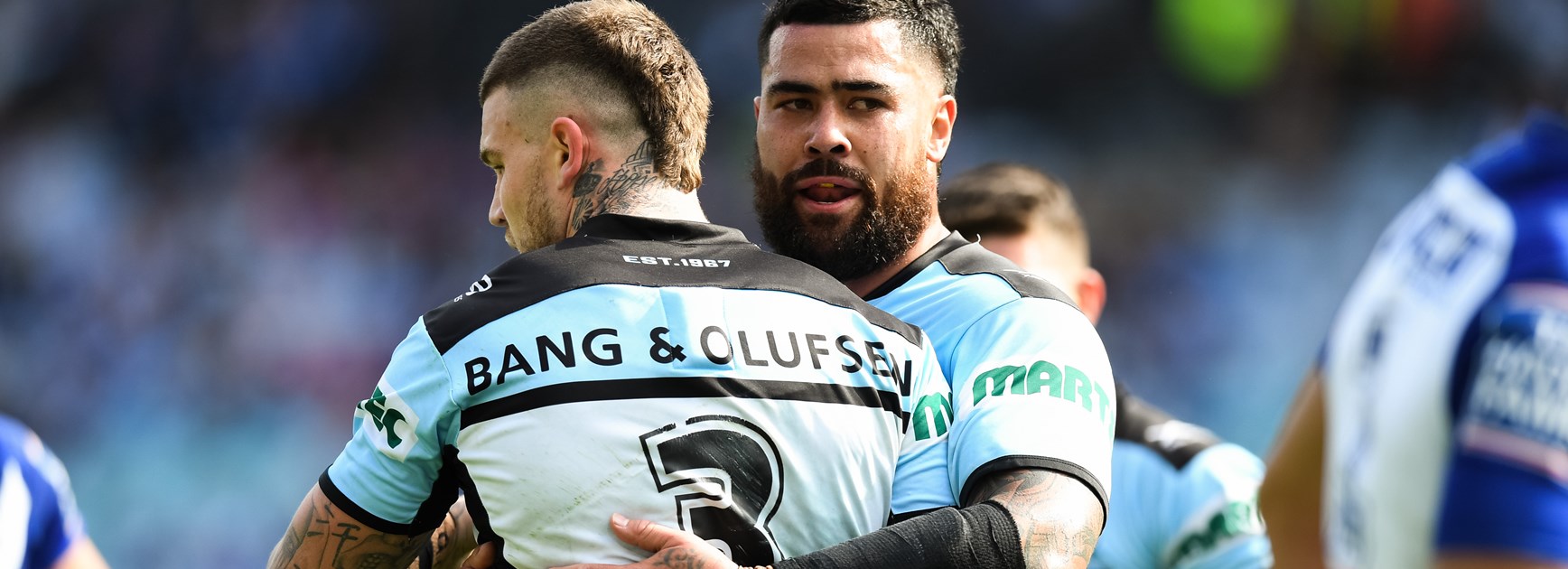 Andrew Fifita and Josh Dugan celebrate a try.