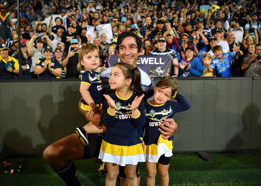 Johnathan Thurston with his daughters Frankie, Charlie and Lillie.