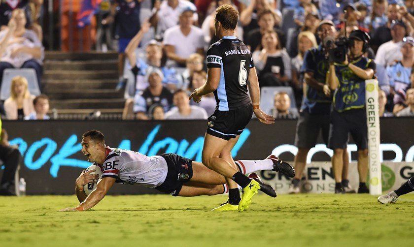 Roosters back-rower Ryan Matterson scores his second try against the Sharks.