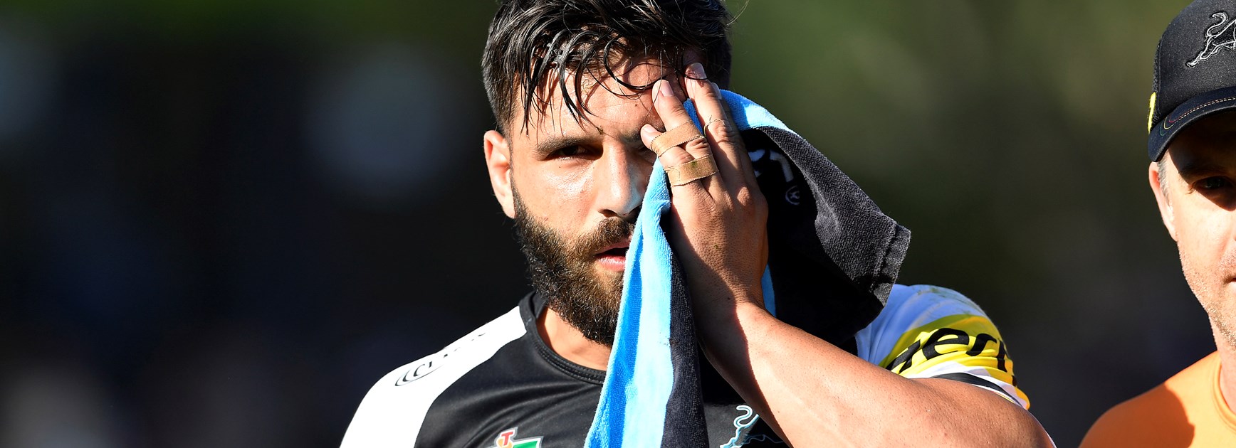 Panthers winger Josh Mansour after suffering a serious facial injury against the Titans.