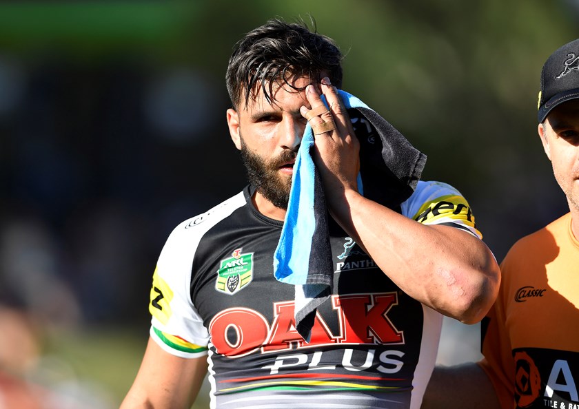 Panthers winger Josh Mansour after suffering a serious facial injury against the Titans.