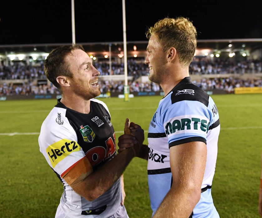 James Maloney and Matt Moylan after the Panthers-Sharks match in round 7.