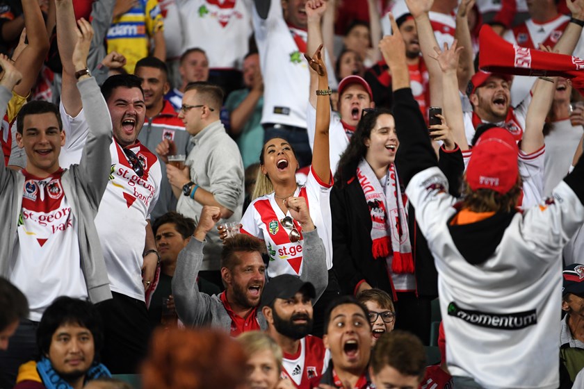 Dragons fans at the 2018 Anzac Day game against the Roosters.