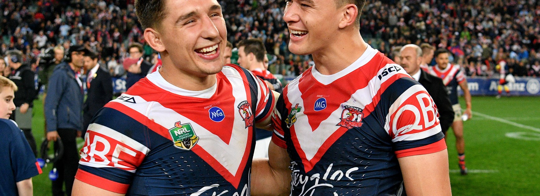 Roosters Victor Radley and Joseph Manu.