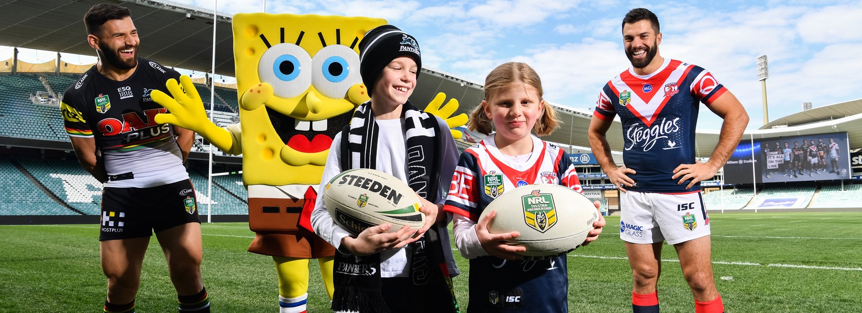 Josh Mansour, Spongebob Squarepants, James Tedesco and young Panthers and Roosters fans.