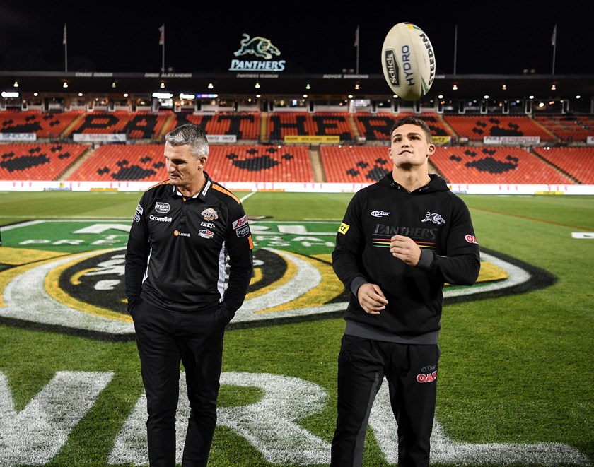 Ivan and Nathan Cleary catch up prior to the Penrith v Wests Tigers round-11 clash at Panthers Stadium.