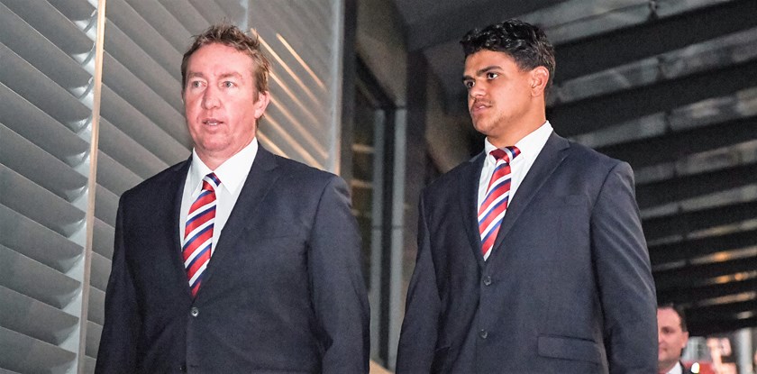 Roosters coach Trent Robinson with Latrell Mitchell.