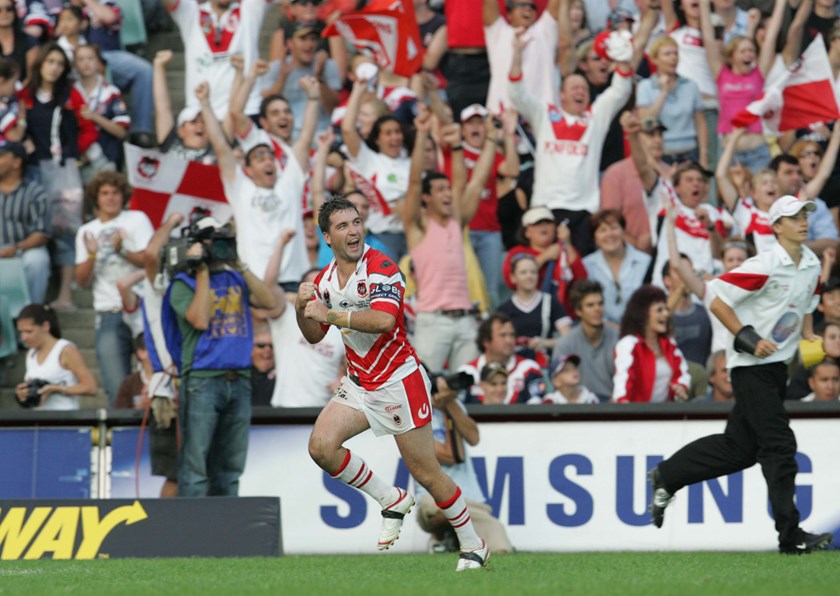 Dragons halfback Mathew Head celebrates after his conversion in 2005.