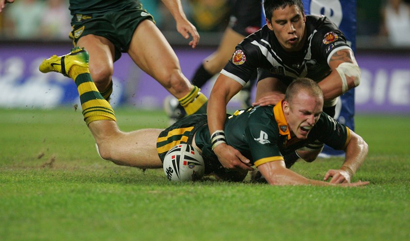 Darren Lockyer scores against the Kiwis in 2006.