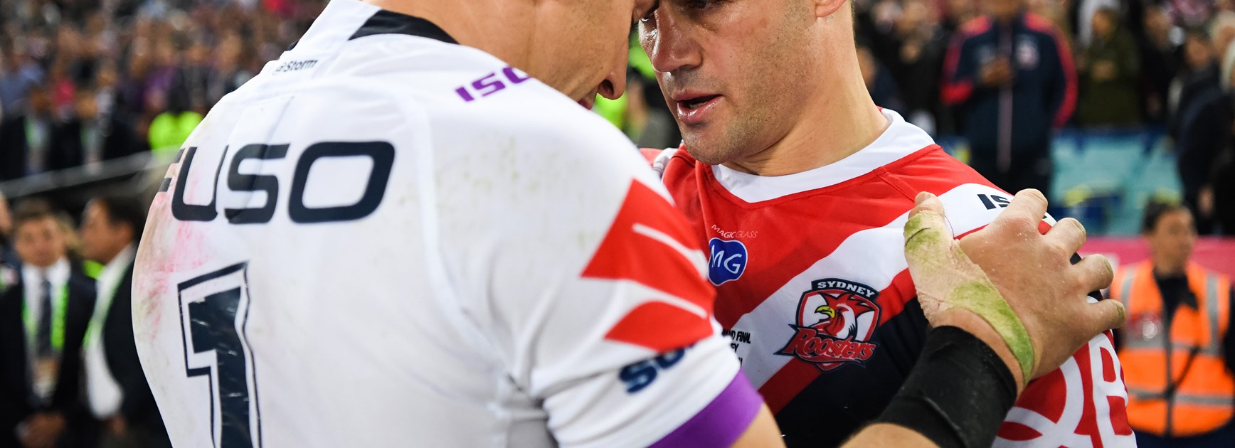 Cooper Cronk and Billy Slater after the 2018 grand final.